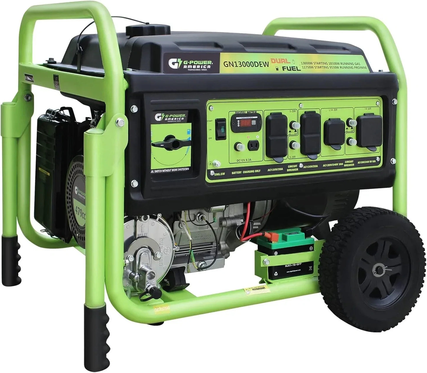 13,000W Dual Fuel Portable Generator, Powered by Gas or Propane, Electric Start, Home Backup & RV Readys.