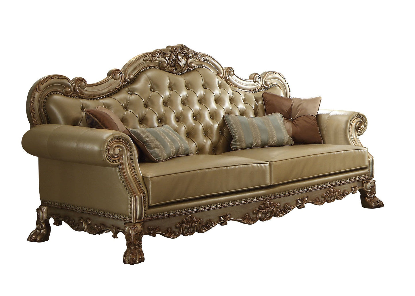 The Kensington – Bone Faux Leather Sofa with Toss Pillows