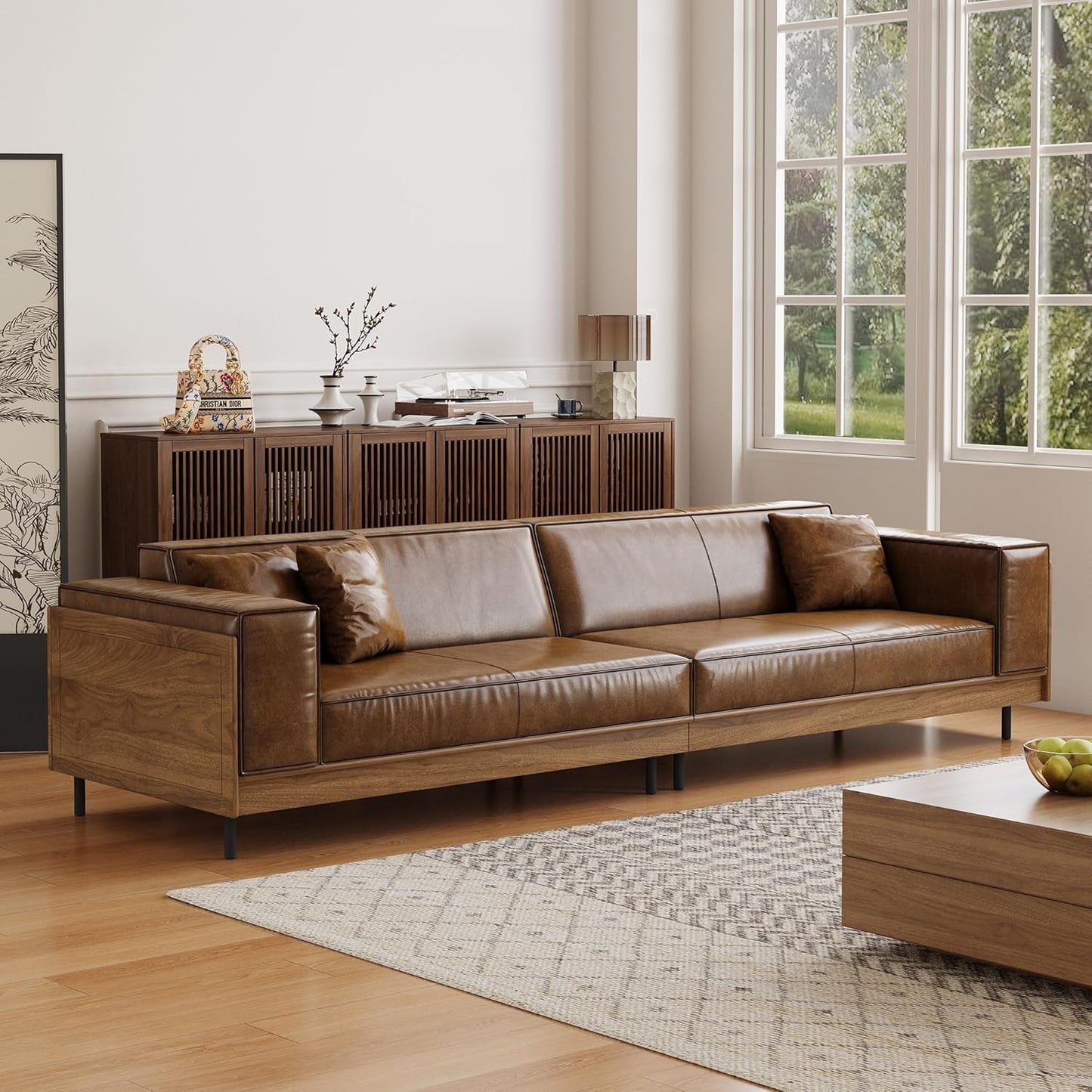 Bergenfield Furniture Modern Leather Sofa 111.81 Inch 3 Seat Couch with Wooden Accents Spacious