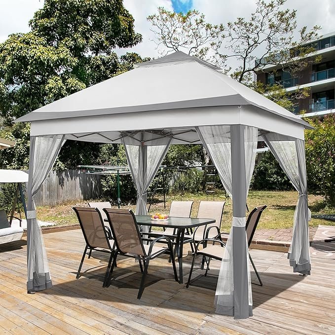 Yaheetech 11×11 Pop Up Gazebo Outdoor Canopy Shelter, Instant Patio Gazebo Sun Shade Canopy Tent with 4 Sandbags, 2 Tiers Roof & Mesh Netting for Lawn, Garden, Backyard & Deck, Gray