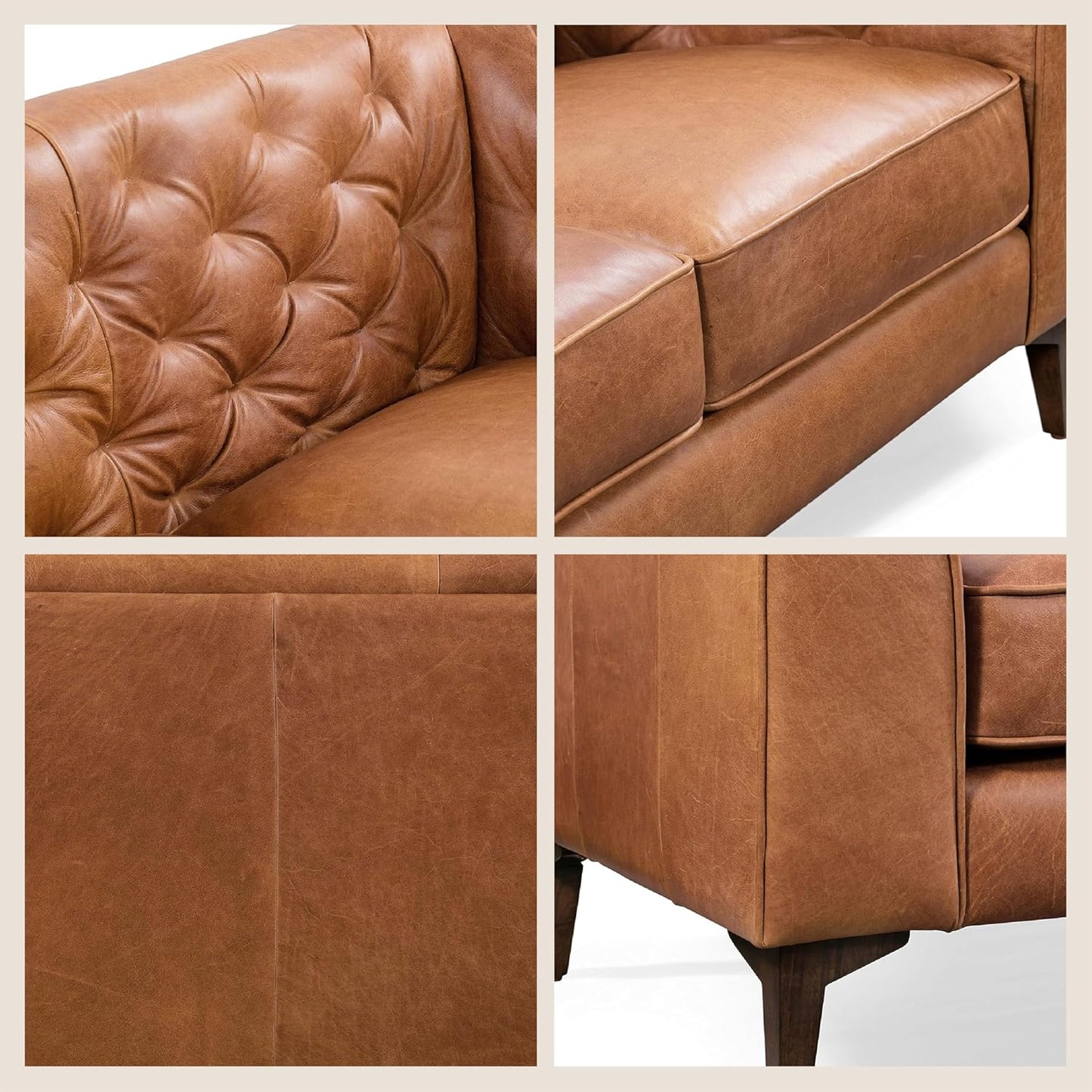 Bergenfield Furniture Full Grain Italian Leather Sofa Tufted Back Feather Down Comfort Solid Wood