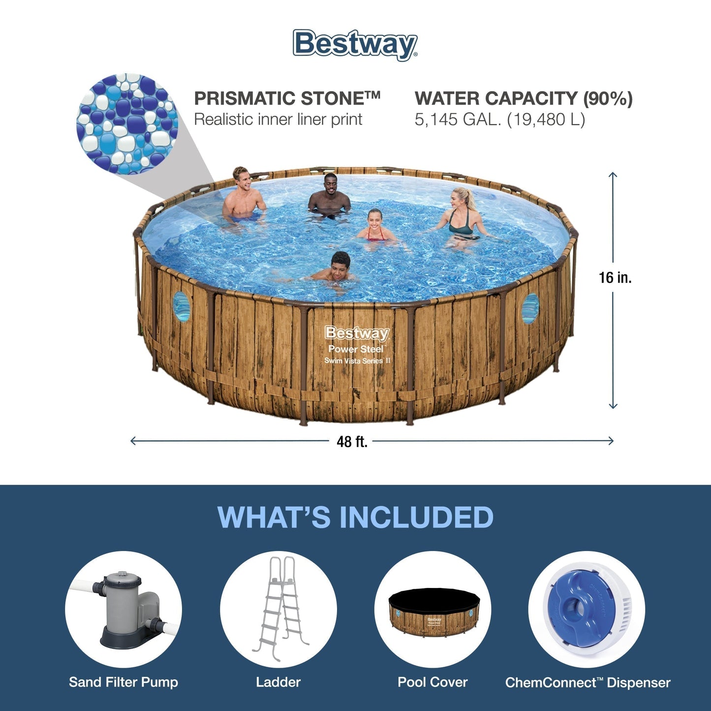 Bestway Power Steel Swim Vista 16' x 48" Round Above Ground Swimming Pool Set image 2