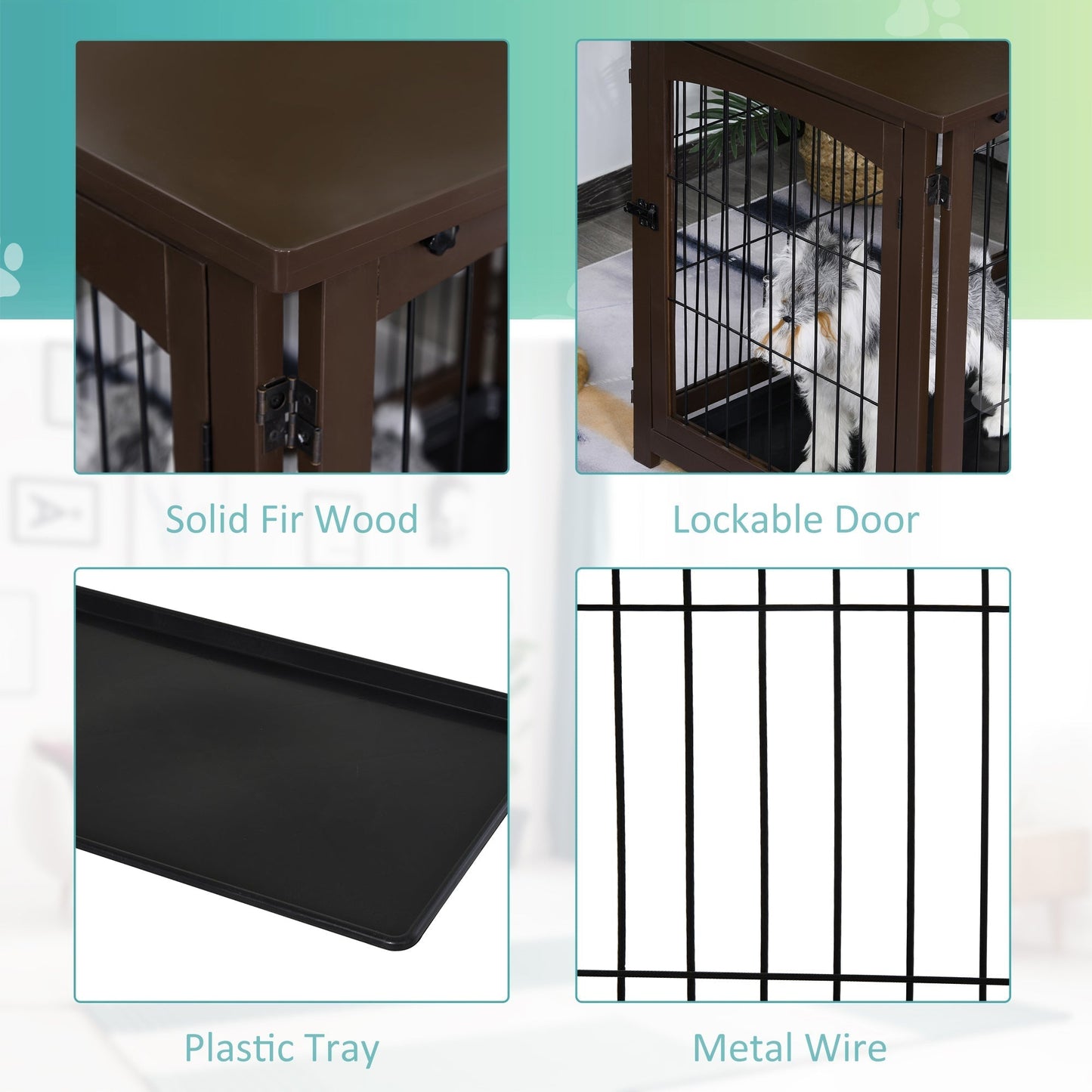 Wooden Decorative Dog Cage Pet Crate with Fence Side Table Small Animal House and Tabletop, Brown
