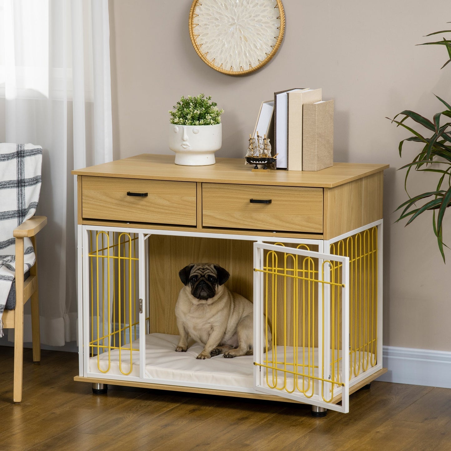 Dog Crate with Drawers, Soft Cushion, Lockable Door, for Small and Medium Dogs, Oak