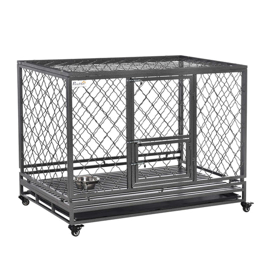 Heavy Duty Dog Cage Metal Kennel and Crate Dog Playpen with Lockable Wheels, Slide-out Tray, Food Bowl and Double Doors