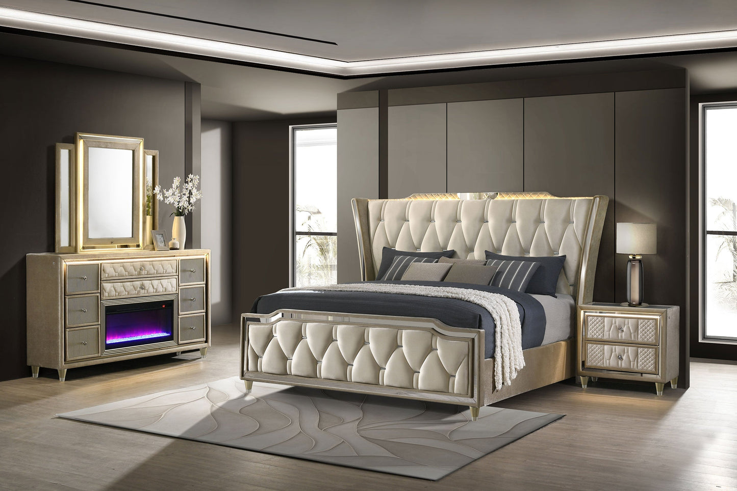 Coaster Fine Furniture Lorient Velvet Bedroom Set with LED Lighting and USB Charging