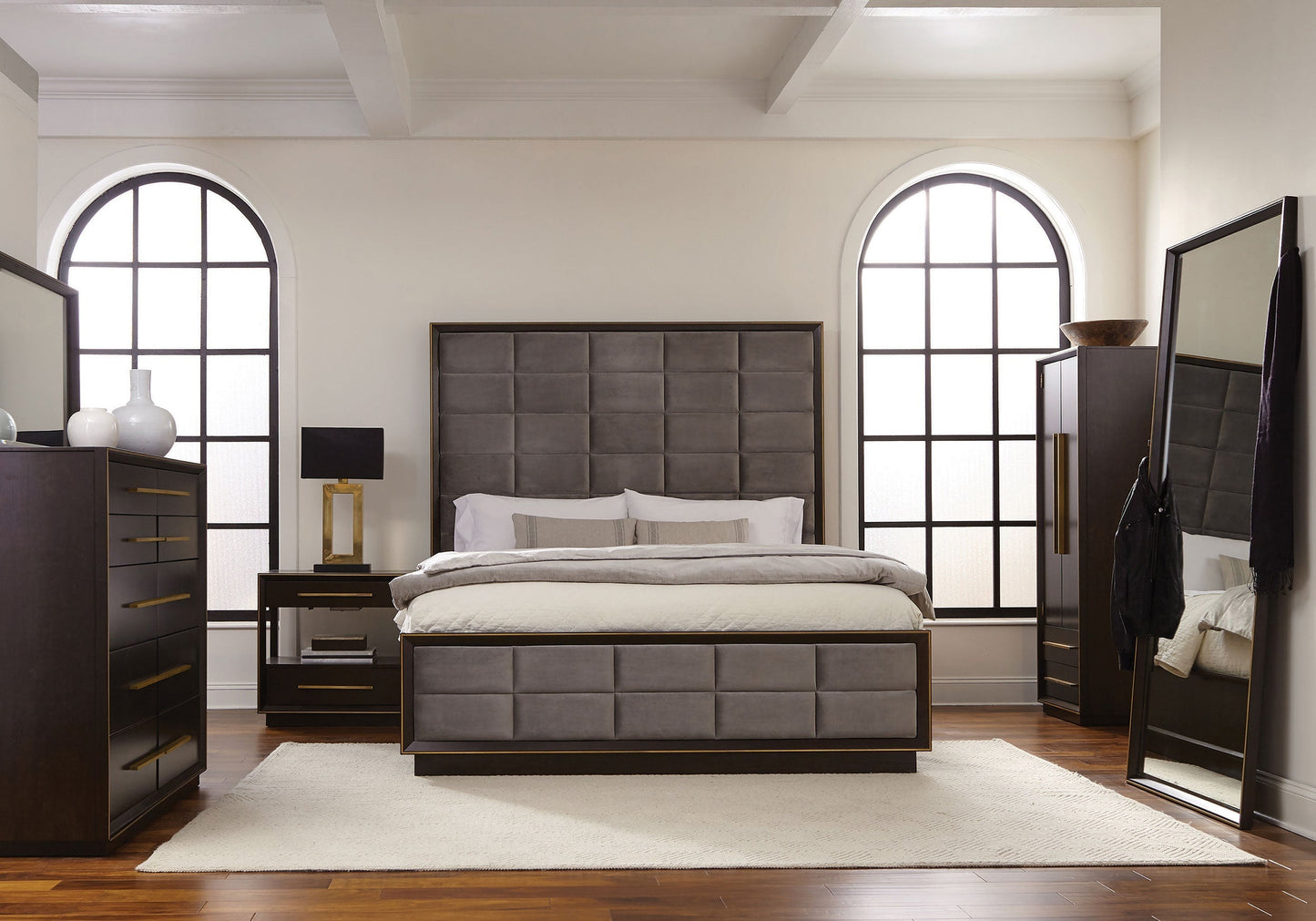 Coaster Fine Furniture Durango Bedroom Set – Grid-Tufted Velvet Headboard & Gold Hardware