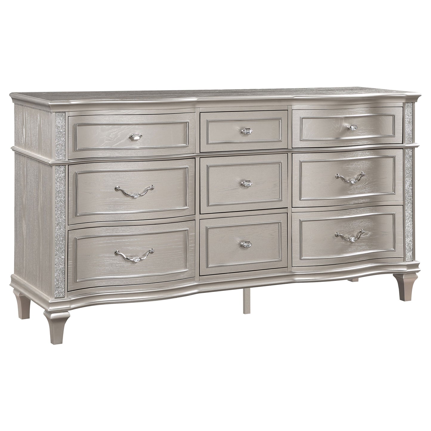 Coaster Fine Furniture Evangeline Bedroom Set – Glam Silver Oak Finish, Double Arch Tufted Headboard, USB Nightstand & Felt-Lined Drawers