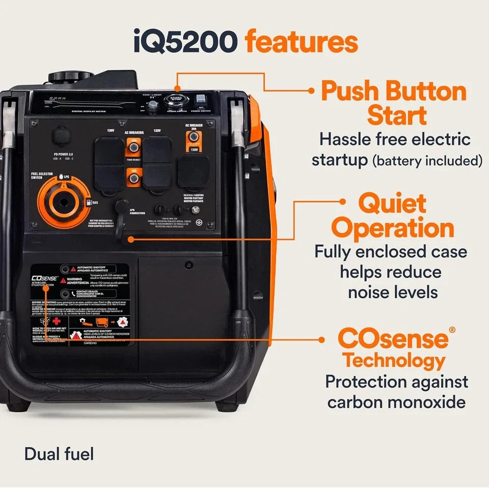 Generac iQ5200 DF 3900 Watt Electric Start Dual Fuel Inverter Generators.