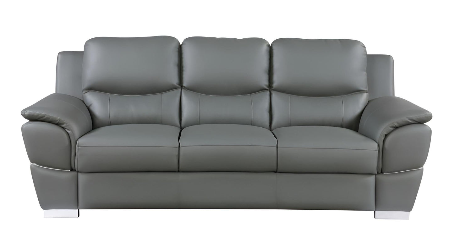 The Halston – 85" Gray Leather Sofa With Silver Legs
