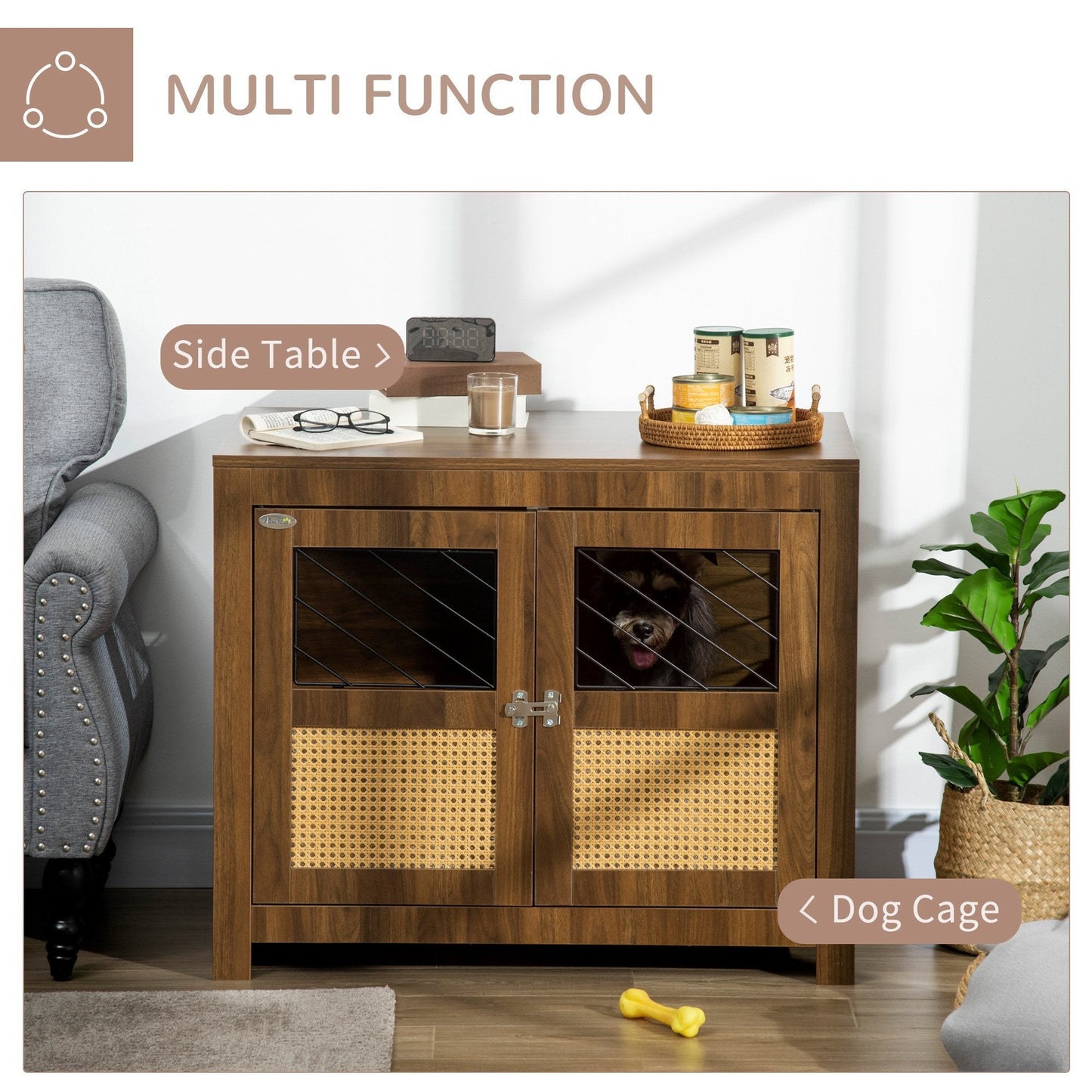 Dog Crate Furniture with Cushion, Dog Kennel End Table with Double Doors, Latch, Indoor Use, for Small and Medium-Sized Dogs, Walnut