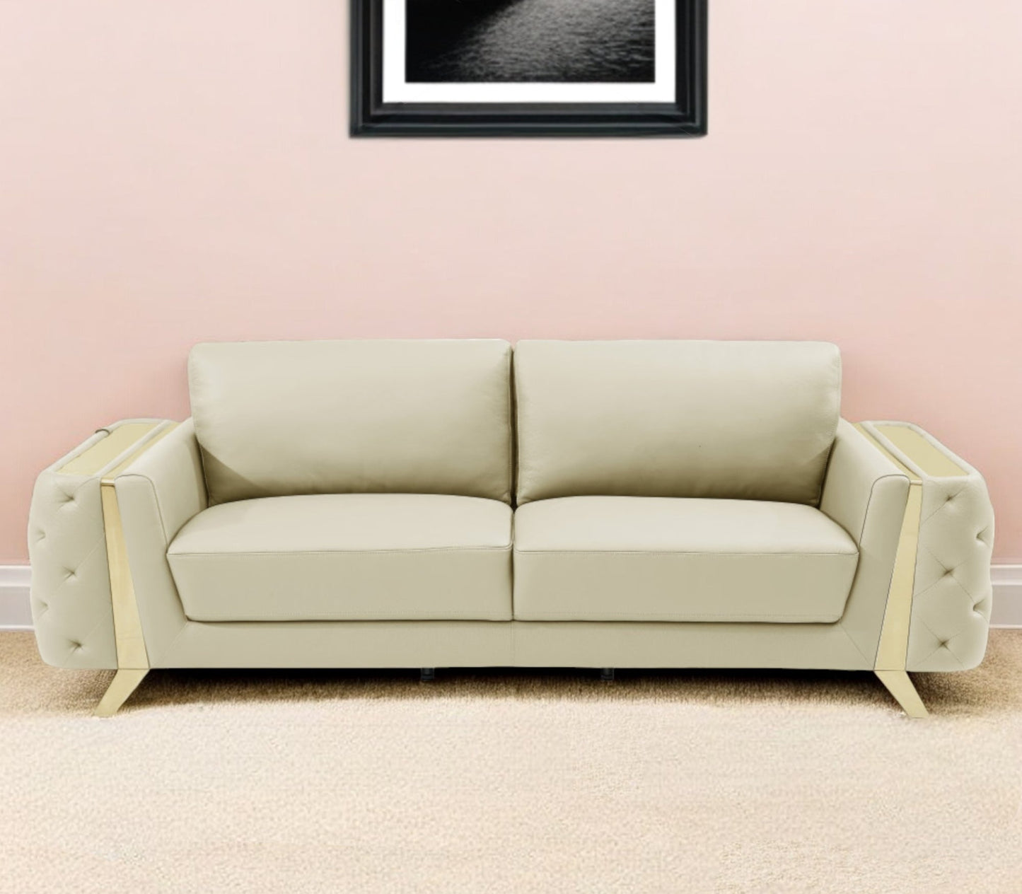 The Aldridge – Beige Italian Leather Sofa with Gold Legs