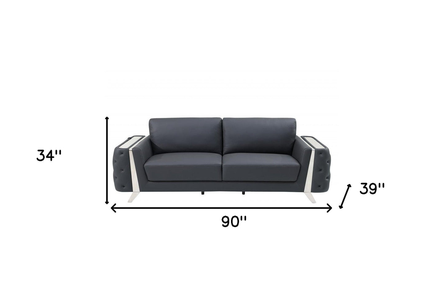 The Langford – Gray Italian Leather Sofa with Silver Legs