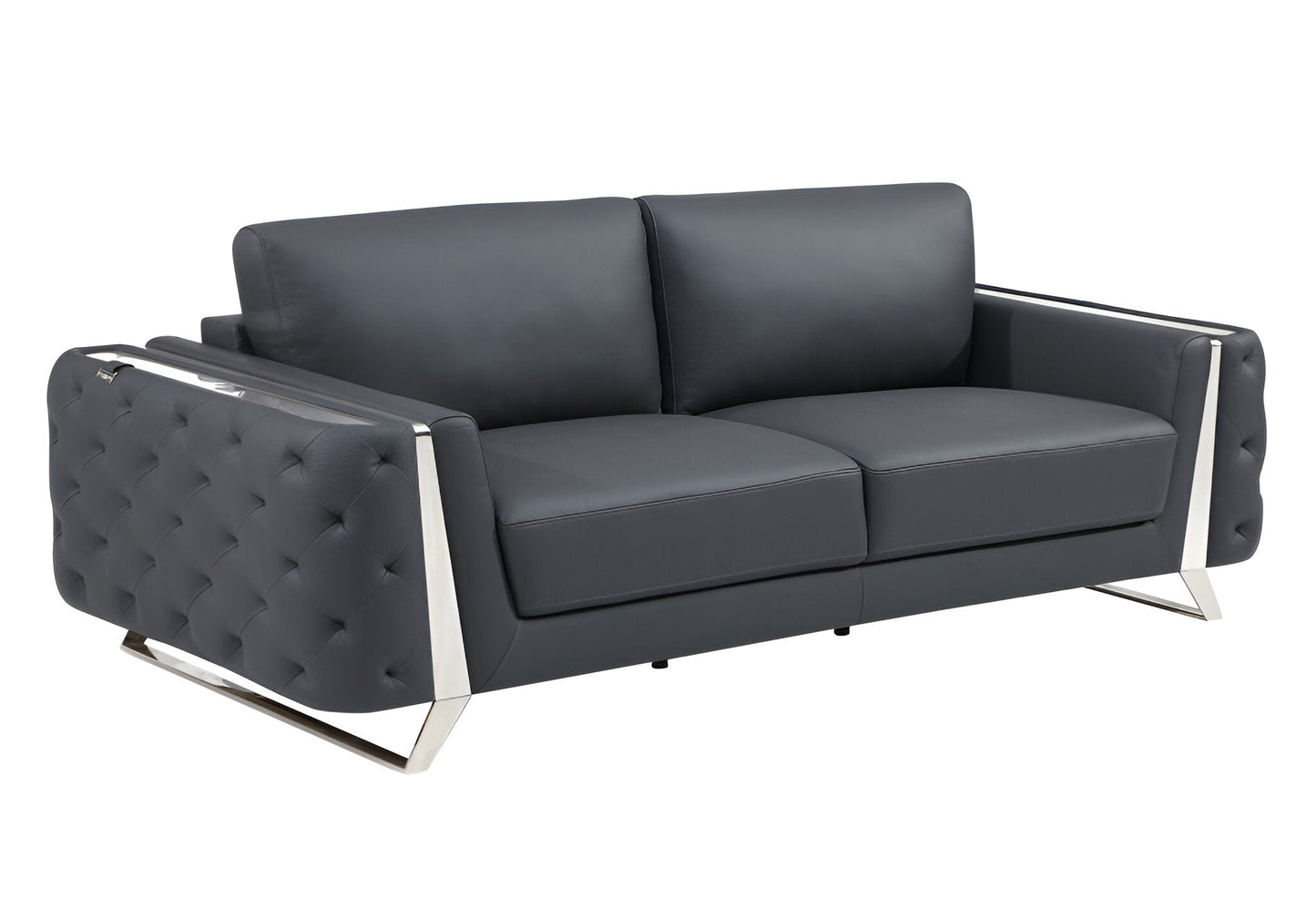 The Langford – Gray Italian Leather Sofa with Silver Legs