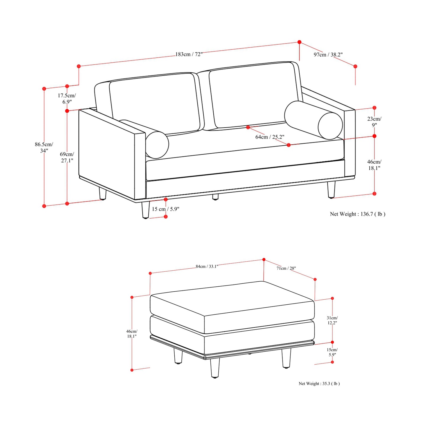 Lennox Leather Sofa with Ottoman – Brown