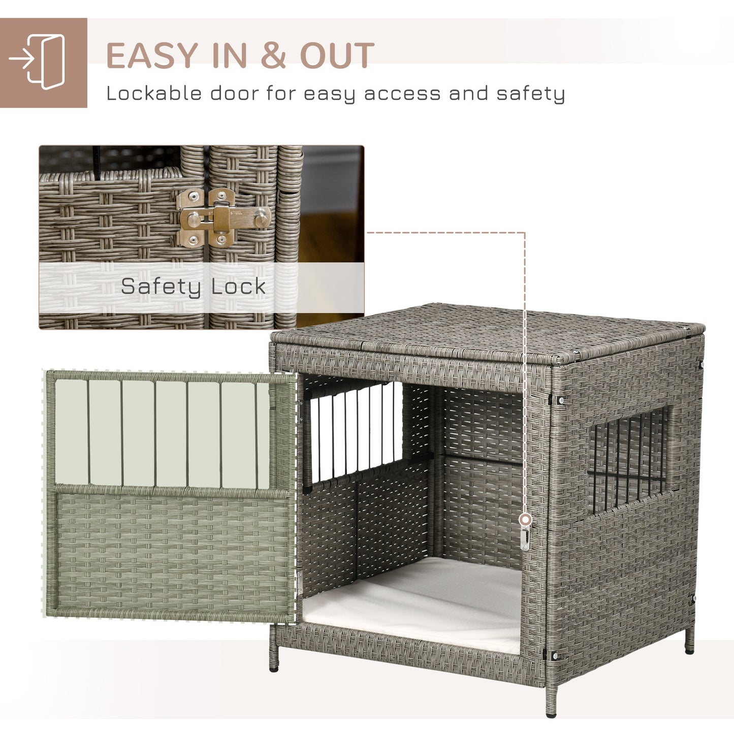 Rattan Dog Crate, Wicker Dog Cage with Lockable Door and Soft Washable Cushion, Dog Kennel Furniture for Small Sized Dogs, Grey