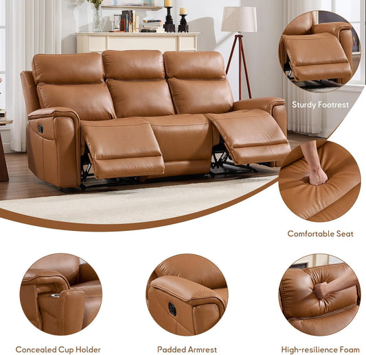 Bergenfield Furniture 3 Seater Recliner Sofa Manual Faux Leather Reclining Couch with Cup Holder