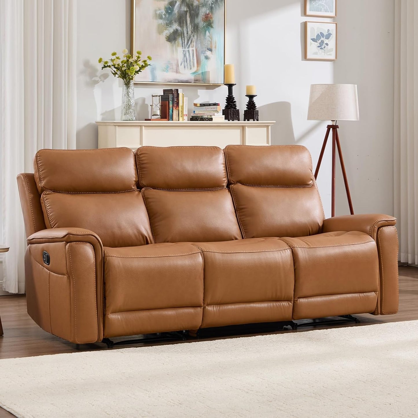 Bergenfield Furniture 3 Seater Recliner Sofa Manual Faux Leather Reclining Couch with Cup Holder