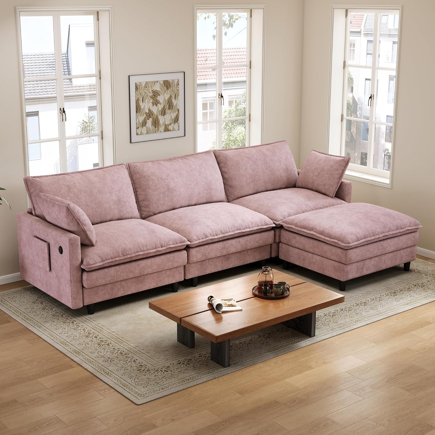 Bergenfield Furniture 102 Inch L Shaped Modular Sectional Sofa 3 Seater Cloud Couch with Ottoman Deep Seat