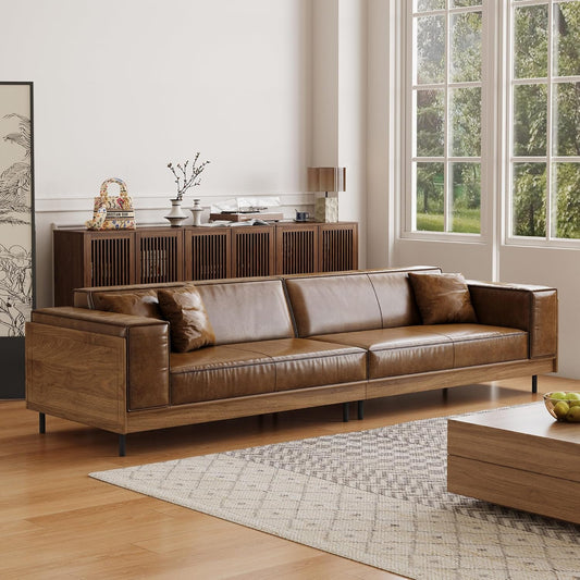 Bergenfield Furniture Modern Leather Sofa 111.81 Inch 3 Seat Couch with Wooden Accents Spacious