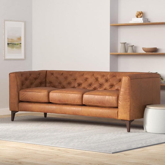 Bergenfield Furniture Full Grain Italian Leather Sofa Tufted Back Feather Down Comfort Solid Wood