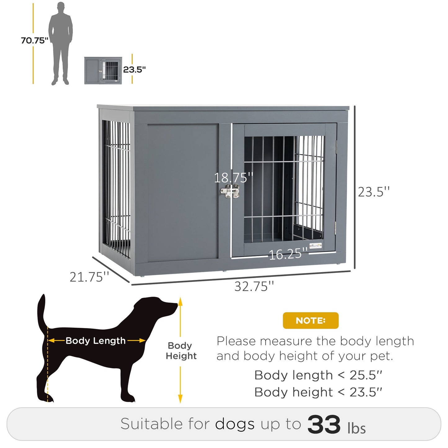 Furniture Style Indoor Dog Crate, End Table Pet Cage Kennel with Double Doors, and Locks, for Small and Medium Dogs, Grey