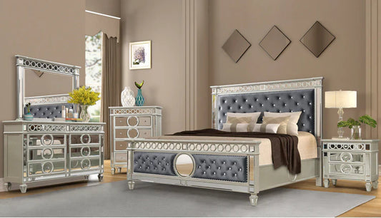 McFerran Home Furnishing B1689 Silver & Grey Velvet Bedroom Set