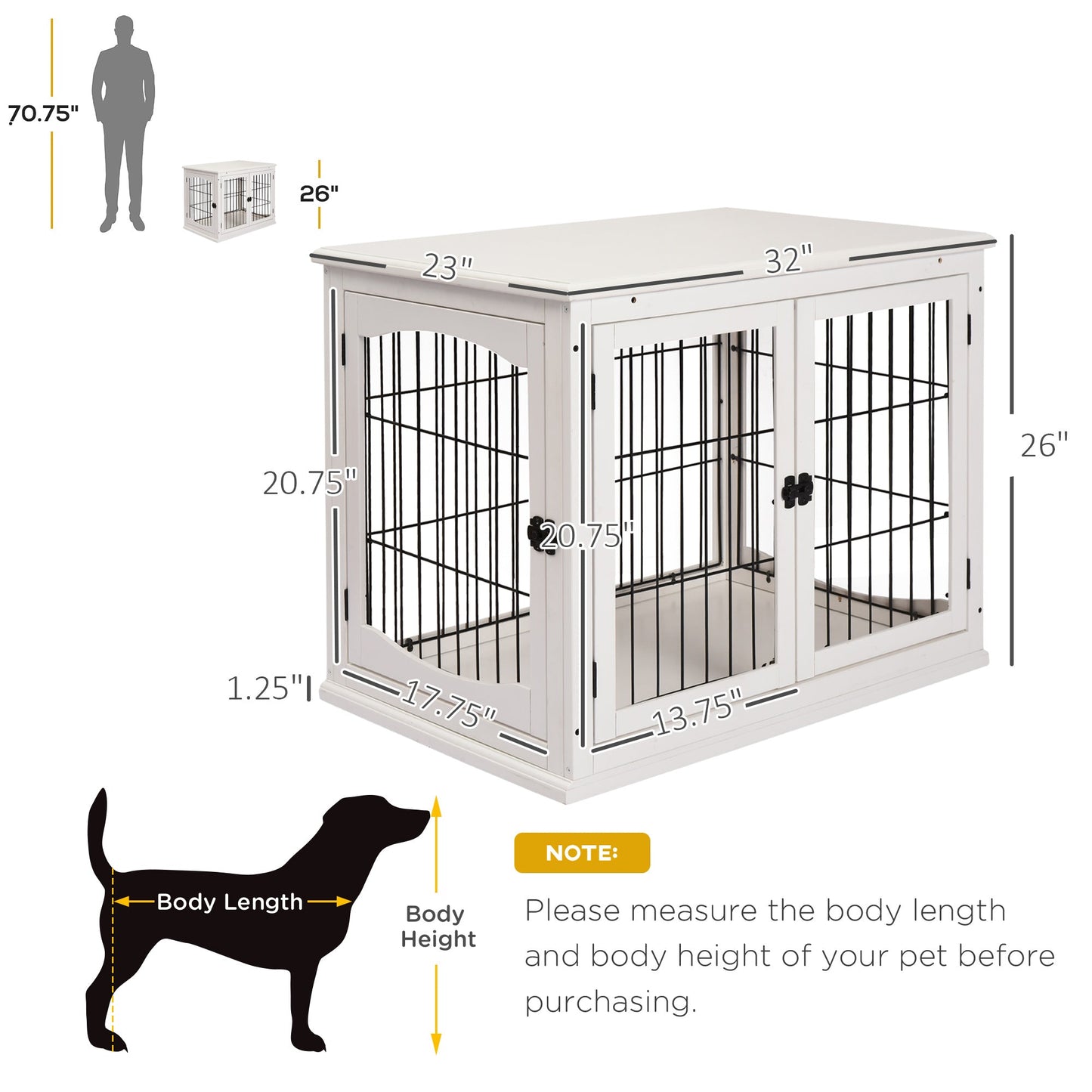 26" Wooden Dog Crate, Furniture Style Pet Cage Kennel, End Table, with Lockable Double Door Entrance, and Top Shelf, White