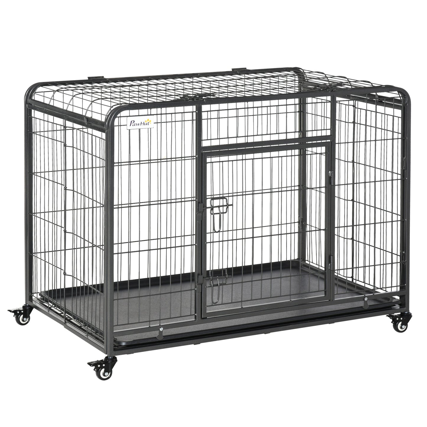 Heavy Duty Metal Dog Crate Pet Cage & Kennel with Removable Tray 4 Wheels & Folding Design Indoor Grey