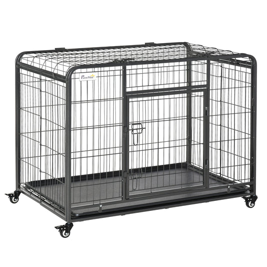 Heavy Duty Metal Dog Crate Pet Cage & Kennel with Removable Tray 4 Wheels & Folding Design Indoor Grey