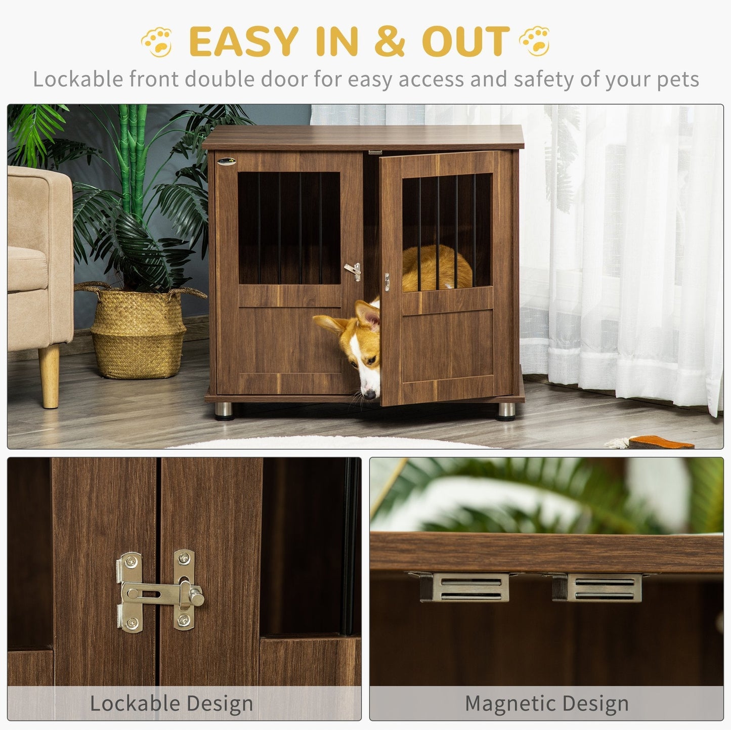 Furniture Style Dog Crate, Wooden & Wire End Table, Small & Medium Pet Crate with Magnetic Double Door Indoor Decorative Dog Kennel Cage, Brown