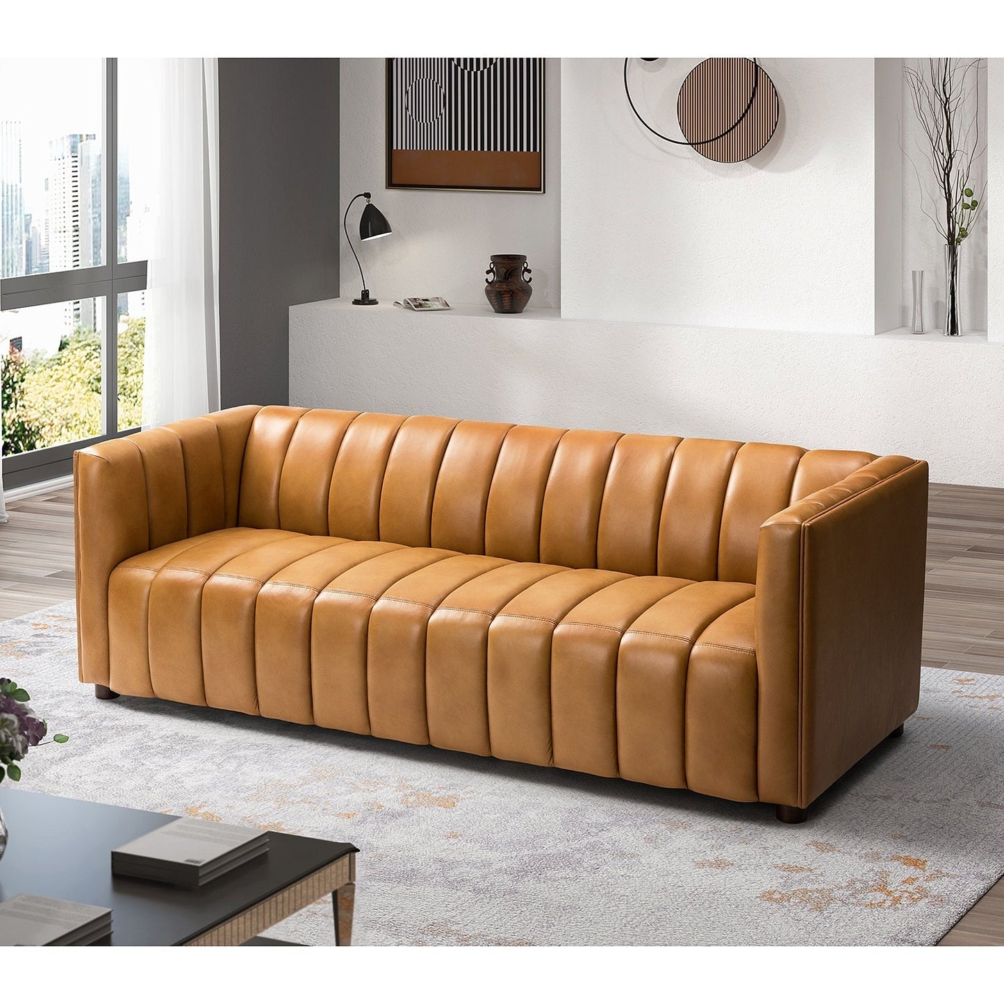 Ulysses Genuine Leather Sofa – Camel Channel-Tufted Luxury Sofa