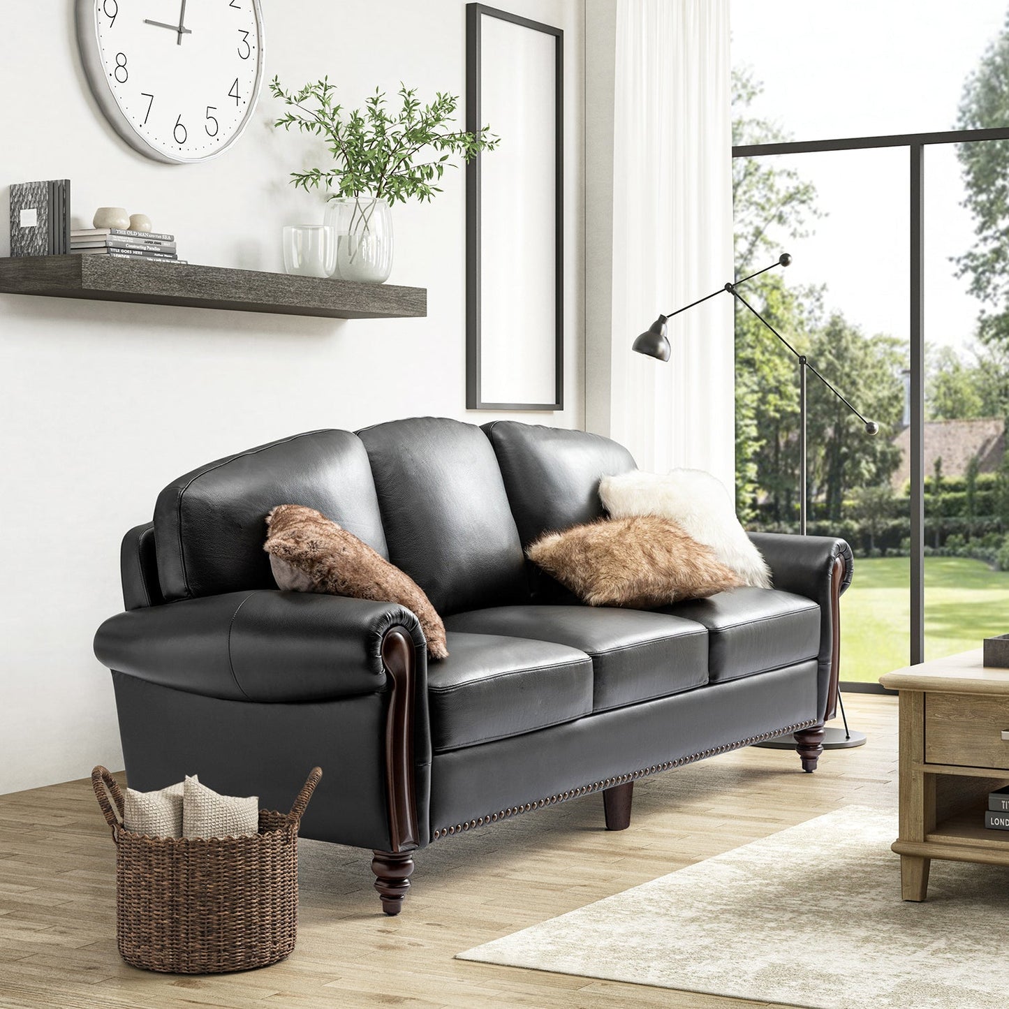 Dietmar Genuine Leather Sofa – Black Curved Leather Nailhead Sofa