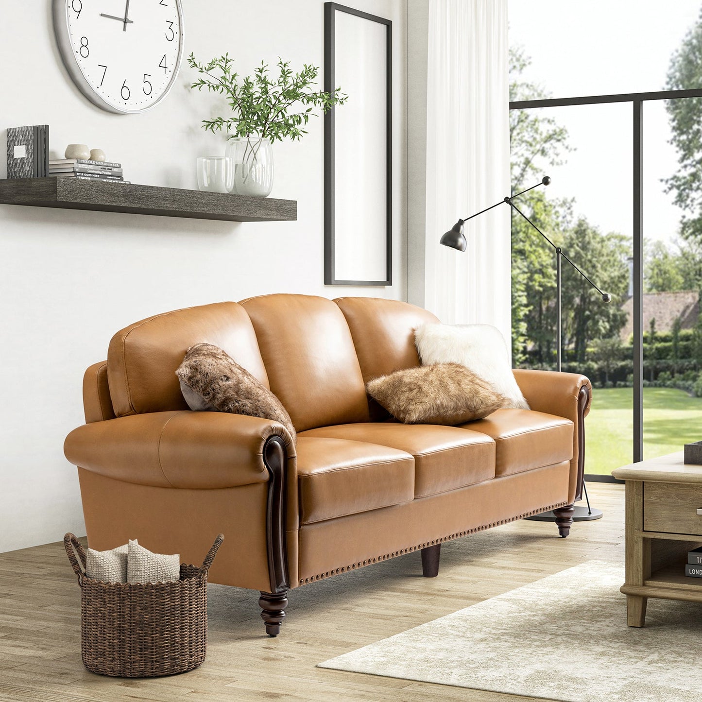 Dietmar Genuine Leather Sofa – Camel Curved Leather Nailhead Sofa