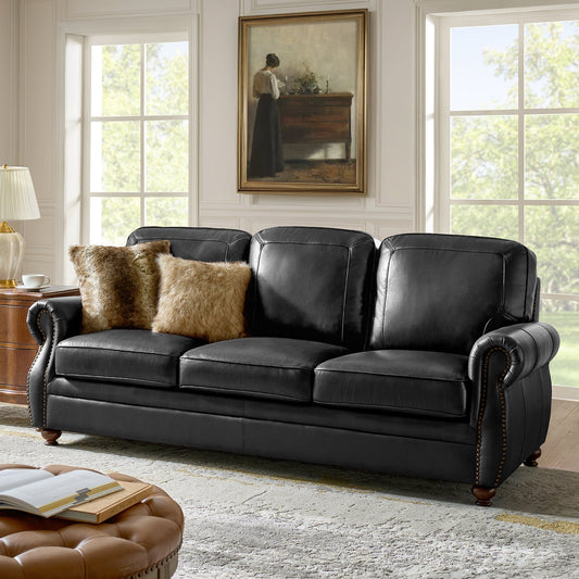 Gerardo Genuine Leather Sofa – Black Rolled Arm Nailhead Sofa