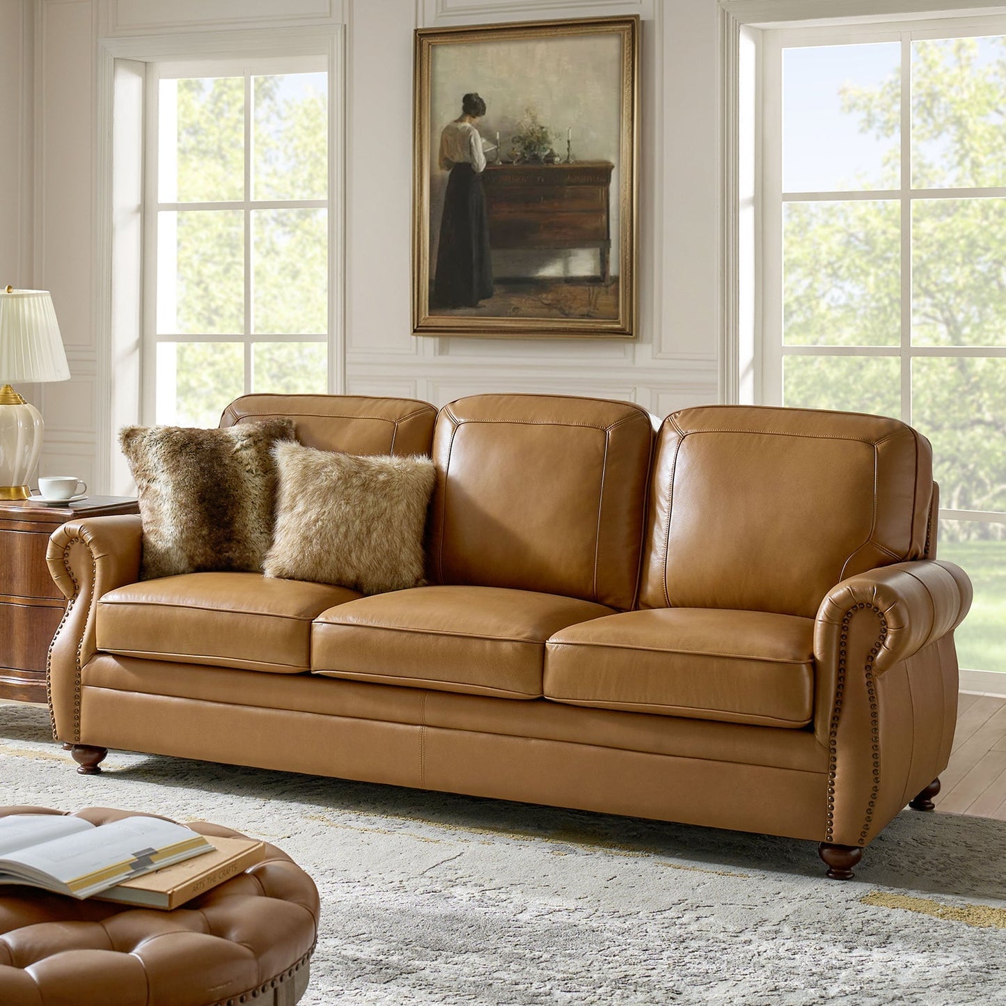 Gerardo Genuine Leather Sofa – Camel Rolled Arm Nailhead Sofa