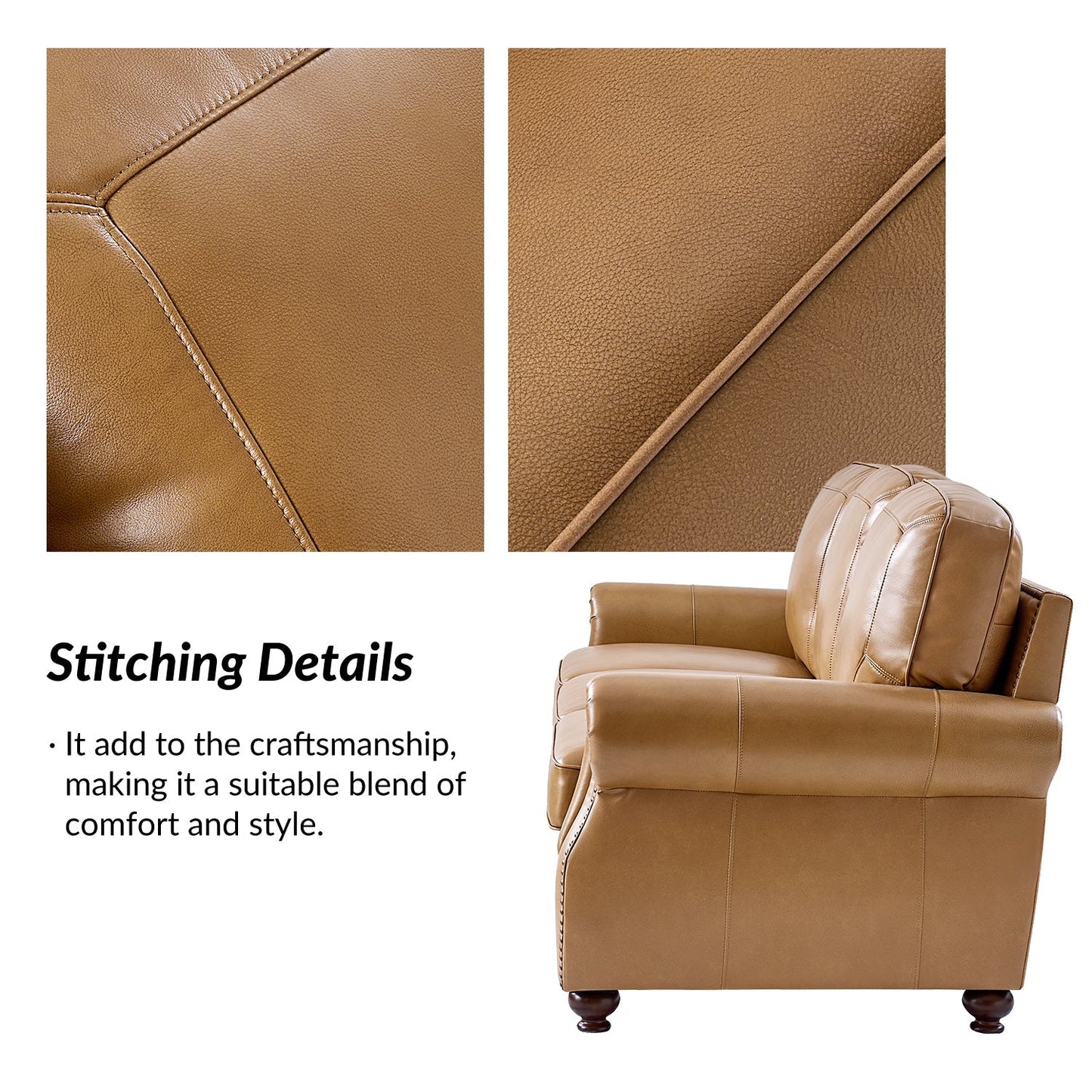 Gerardo Genuine Leather Sofa – Camel Rolled Arm Nailhead Sofa