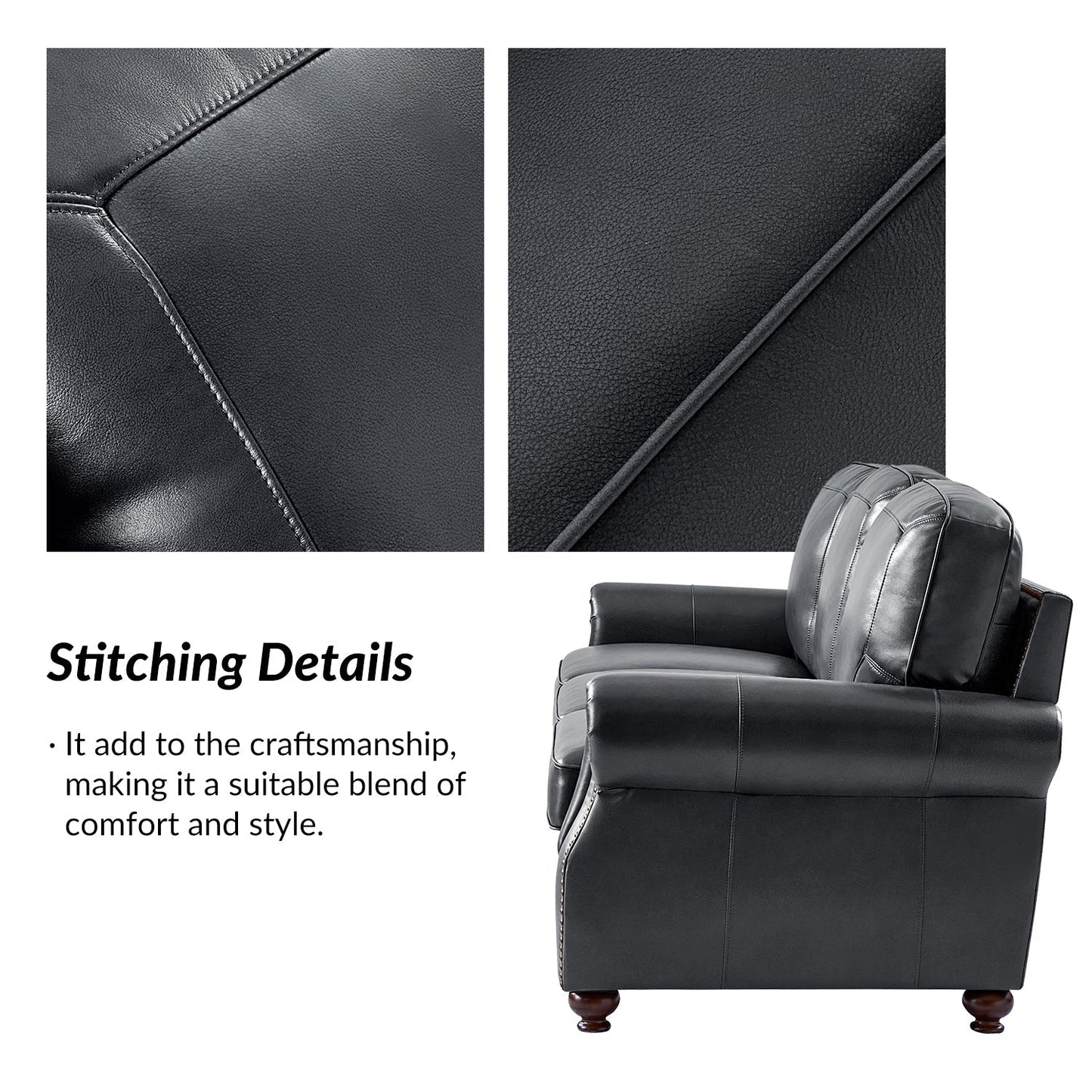 Gerardo Genuine Leather Sofa – Navy Blue Rolled Arm Nailhead Sofa