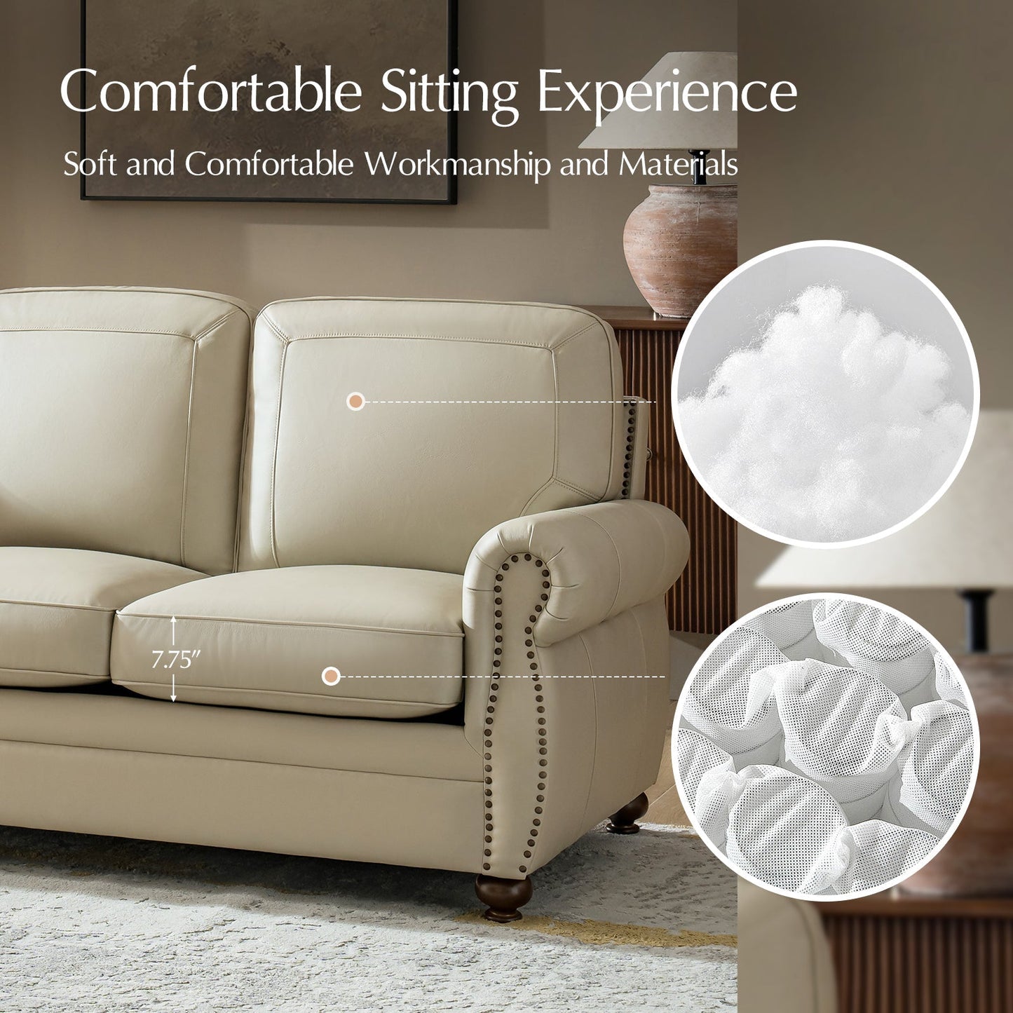 Gerardo Genuine Leather Sofa – Tan Rolled Arm Nailhead Sofa