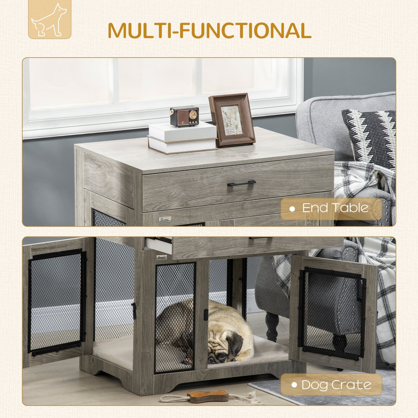 Dog Crate Furniture with Soft Water-Resistant Cushion, Dog Crate End Table with Drawer, Puppy Crate for Small Dogs Indoor with 2 Doors, Grey