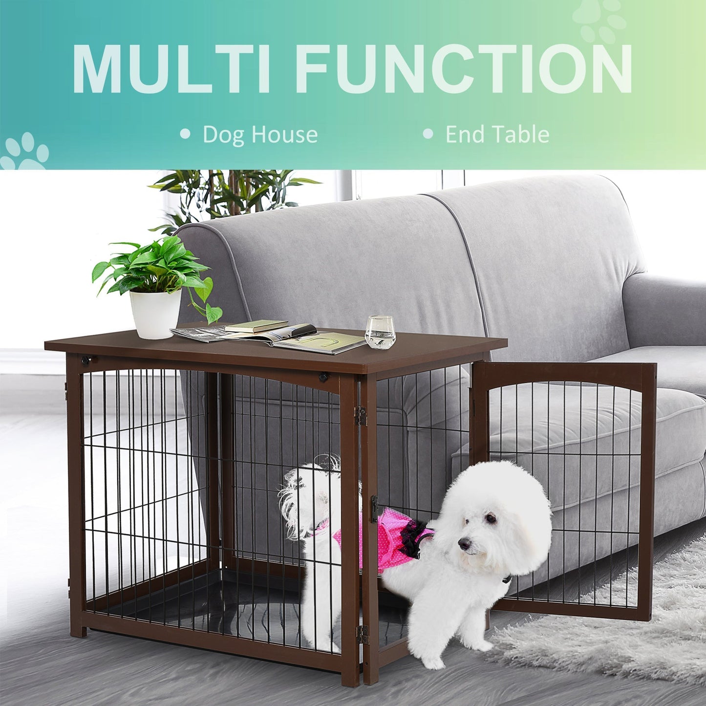 Wooden Decorative Dog Cage Pet Crate with Fence Side Table Small Animal House and Tabletop, Brown