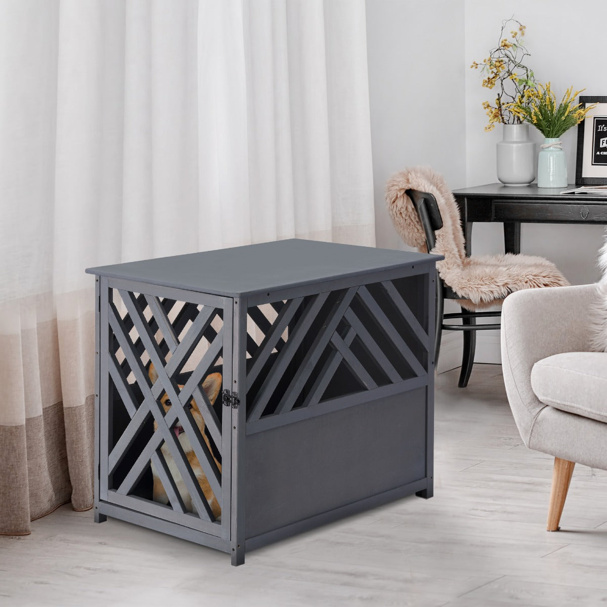 Wood Dog Crate Small Dog Cage Furniture Style Dog Kennel Lattice for Indoor Use with a Unique Slant Aesthetic Design