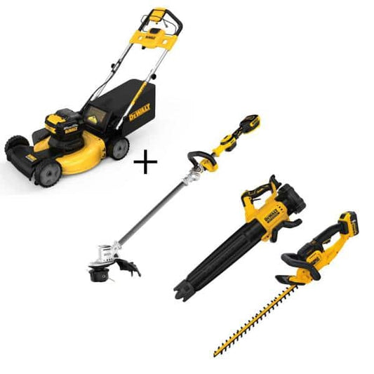 Dewalt 20V MAX 21.5 in Walk Behind Lawn Mower Kit, Hedge Trimmer Kit, String Trimmer &amp; Leaf Blower