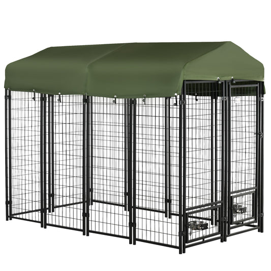 Outdoor Dog Kennel, Lockable Pet Playpen Crate, Welded Wire Steel Fence, with Water-, UV-Resistant Canopy, Rotating Bowl Holders, Door