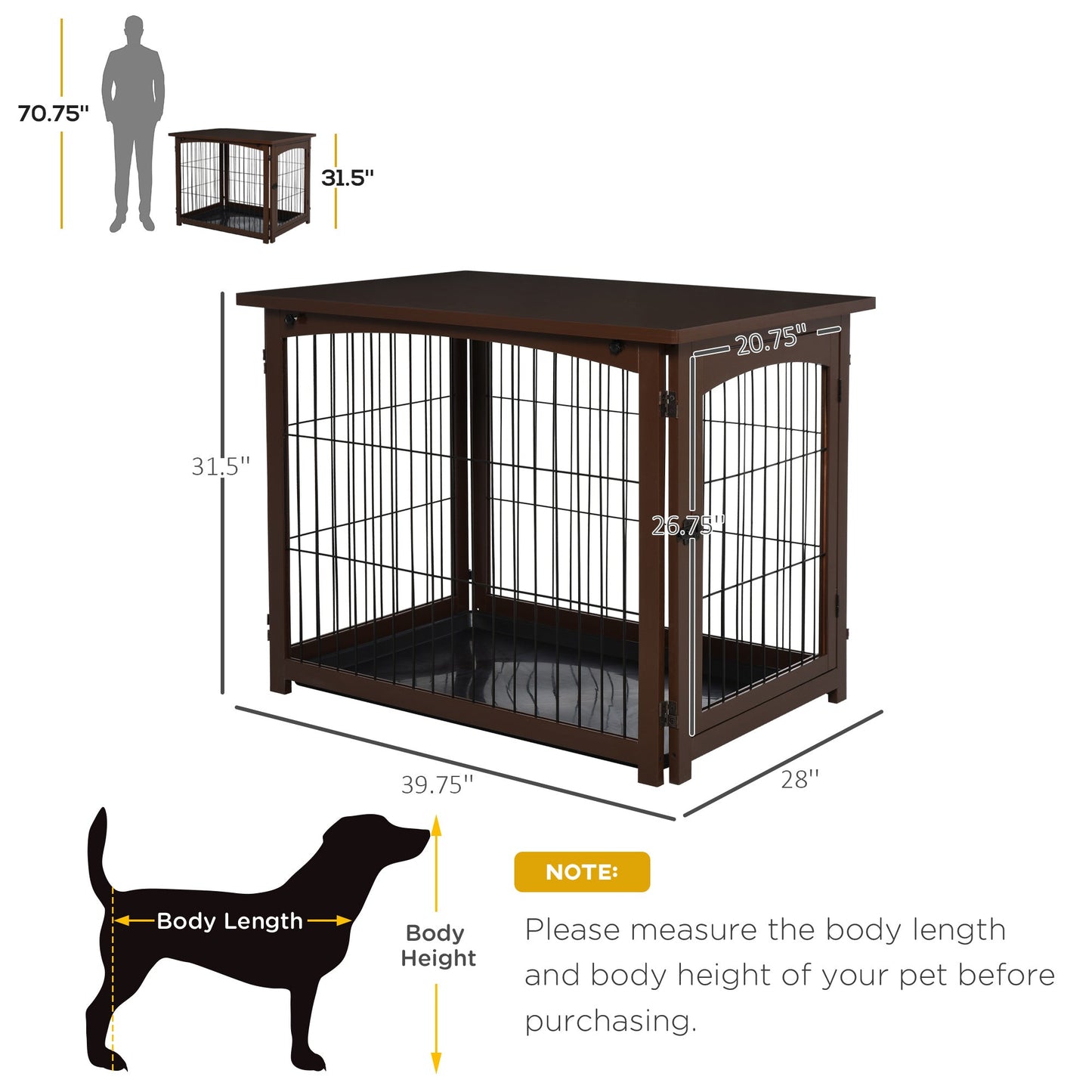 Wooden Decorative Dog Cage Pet Crate with Fence Side Table Small Animal House and Tabletop, Brown