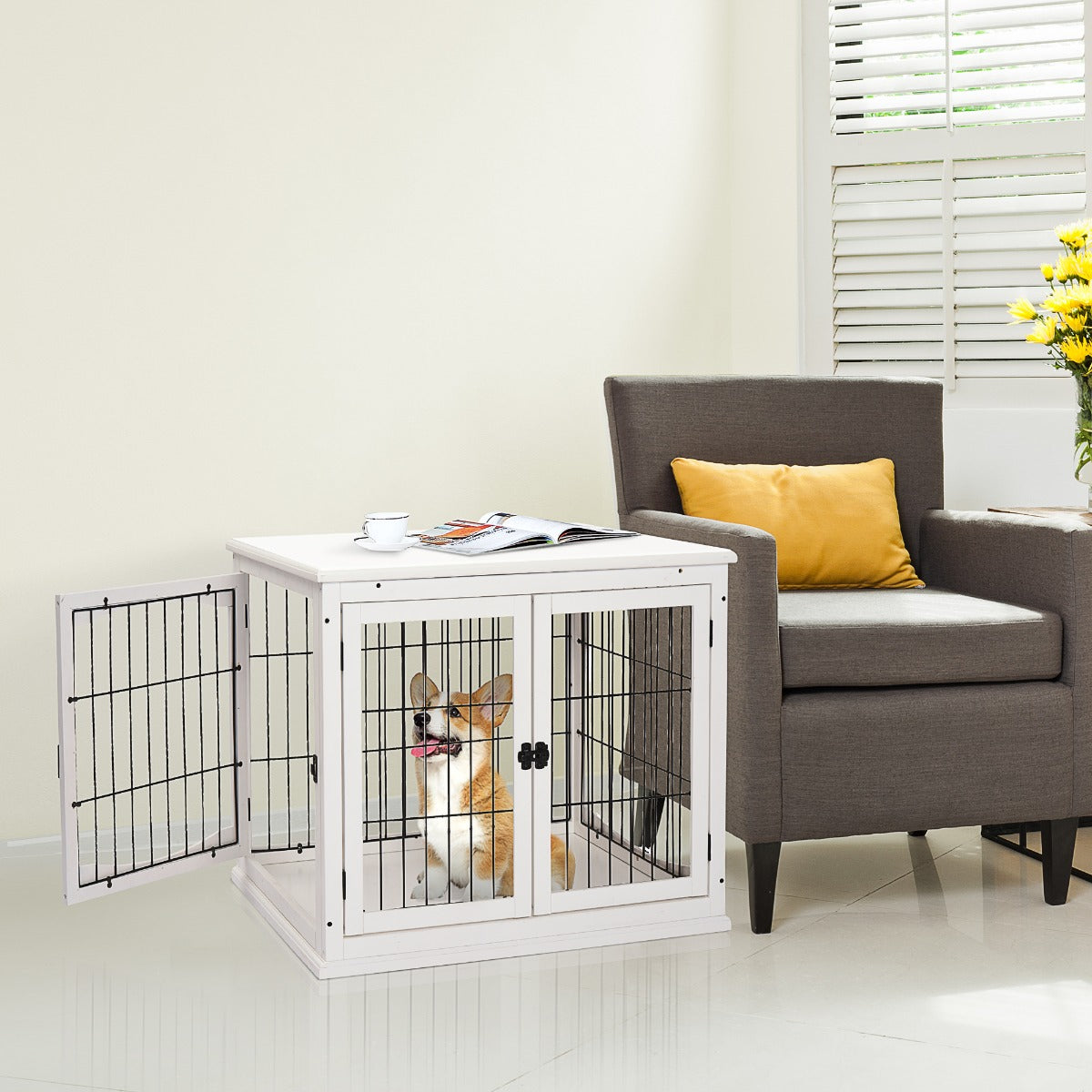 26" Wooden Dog Crate, Furniture Style Pet Cage Kennel, End Table, with Lockable Double Door Entrance, and Top Shelf, White