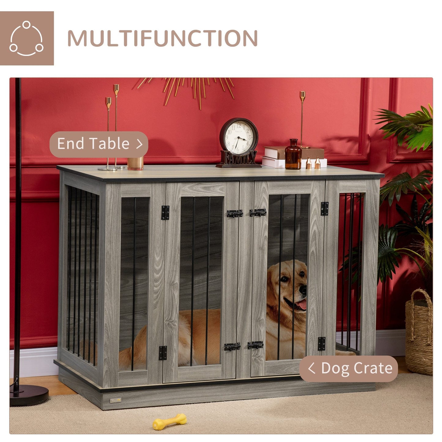 Dog Crate Furniture with Divider Panel, Dog Kennel End Table for Large Dogs, Decorative Pet House with Two Rooms Design, for 2 Small Dogs