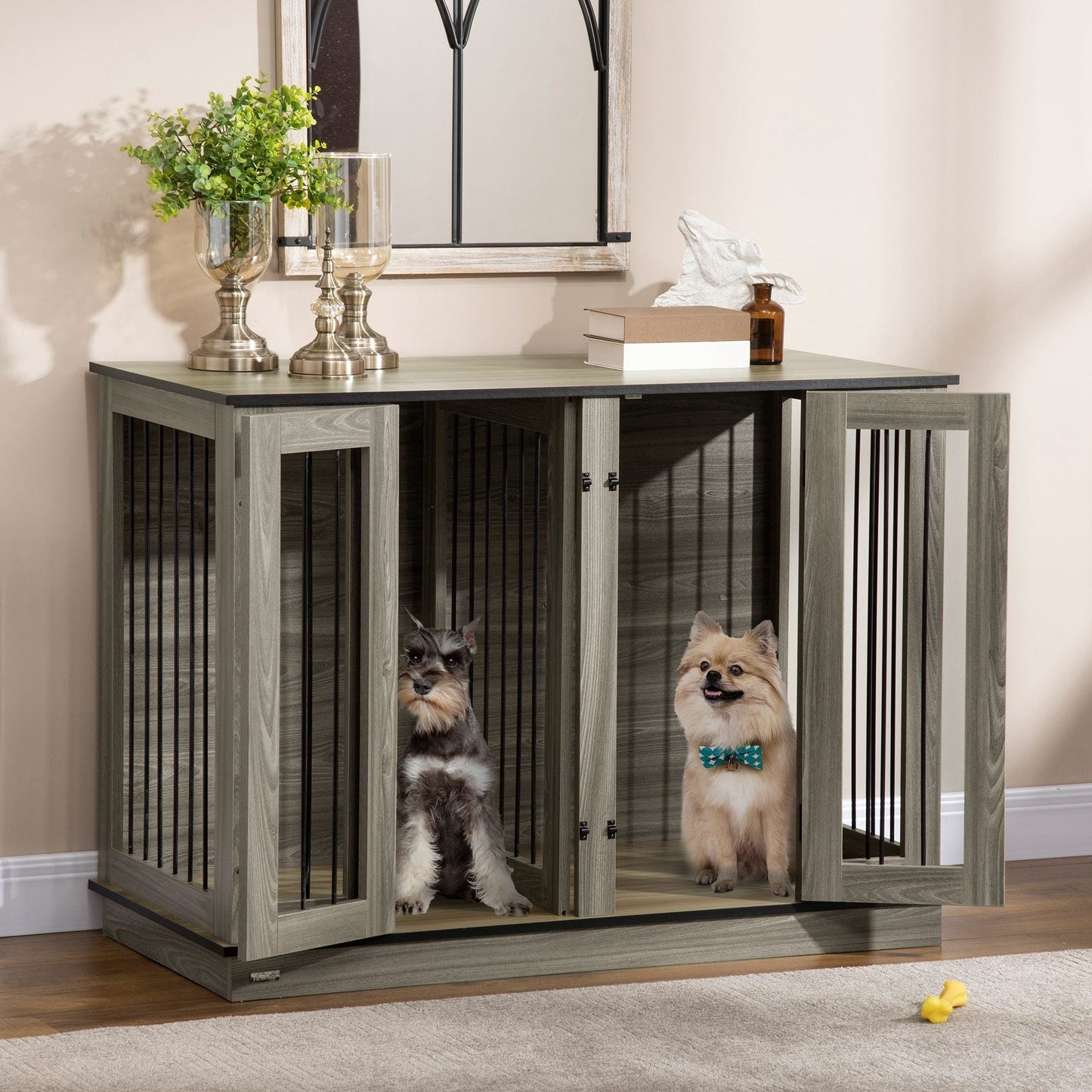 Dog Crate Furniture with Divider Panel, Dog Kennel End Table for Large Dogs, Decorative Pet House with Two Rooms Design, for 2 Small Dogs
