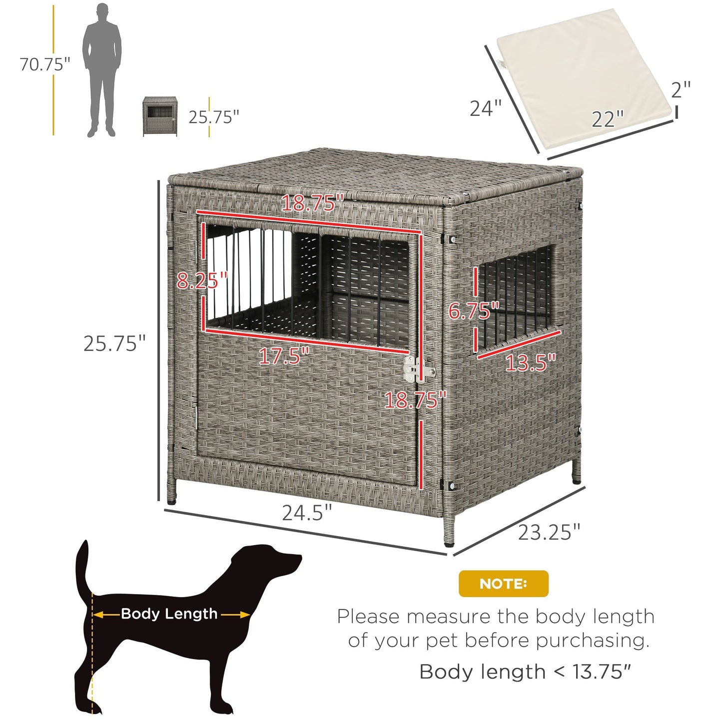 Rattan Dog Crate, Wicker Dog Cage with Lockable Door and Soft Washable Cushion, Dog Kennel Furniture for Small Sized Dogs, Grey