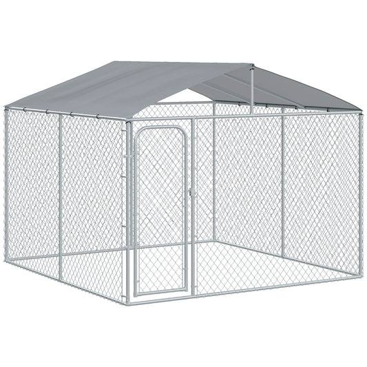 Outdoor Metal Dog Kennel, Pet Playpen with Steel Lock, Mesh Sidewalls and Cover for Backyard & Patio, 9.8' x 9.8' x 7.7'